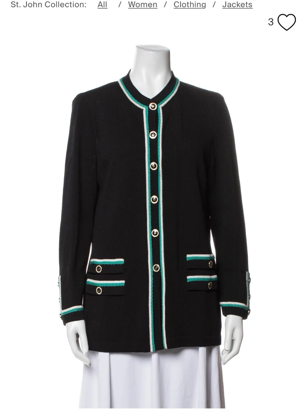 VTG St. John Knit longline Jacket Black with Green and Ivory Trim Size 4